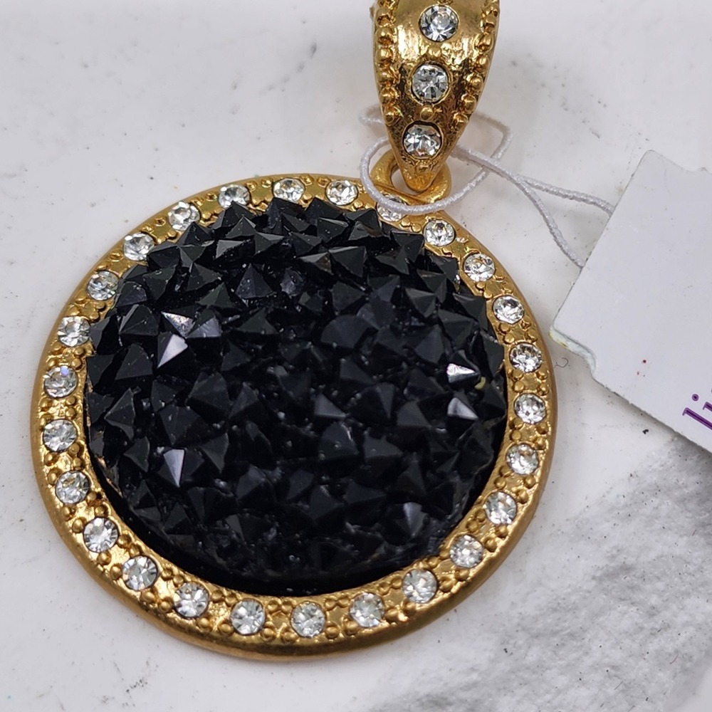 Lia Sophia Black Crystal Cluster Pendant Gold Tone Rhinestone Halo Statement